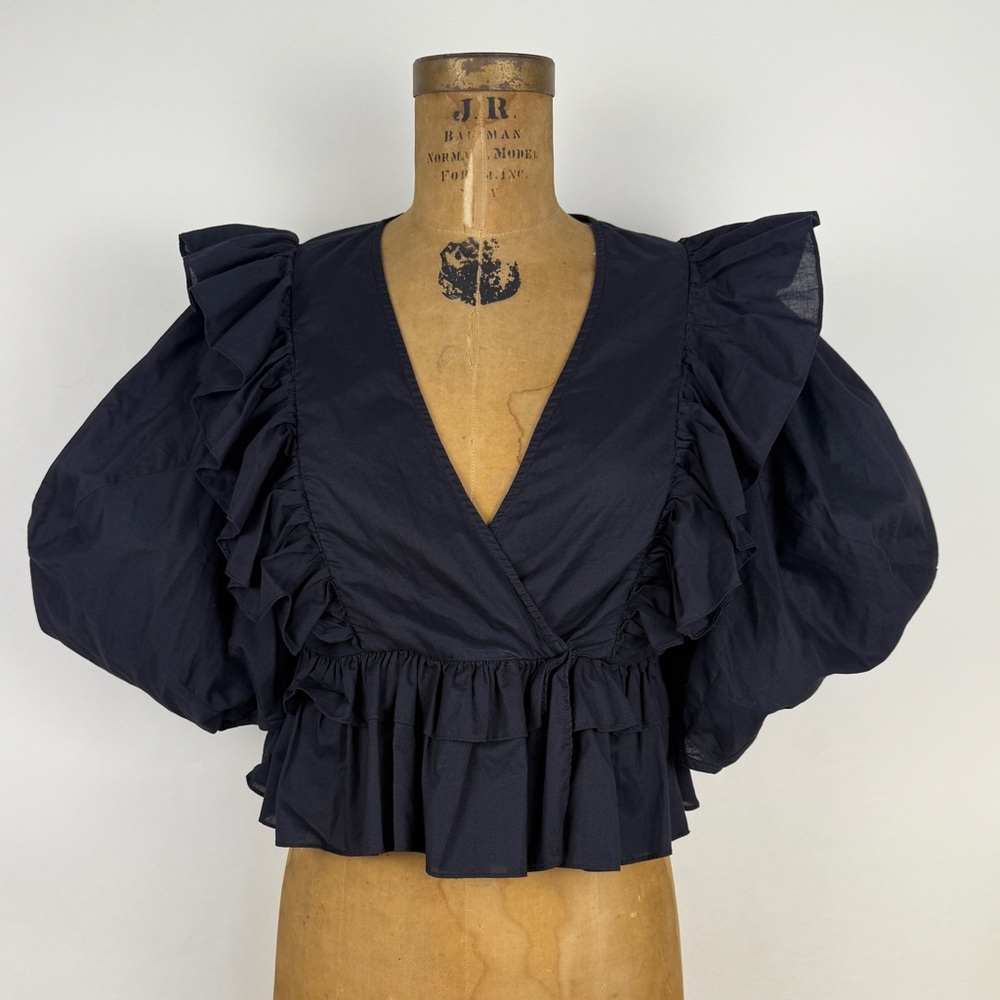 RHODE Eloise Blouse Black Cotton Puff Sleeve Ruffled Top EUC size M - Picture 4 of 10